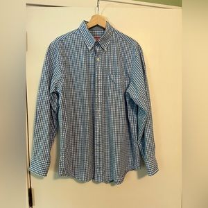 Izod long sleeve button down. Men’s. Blue and white gingham. Medium. EUC